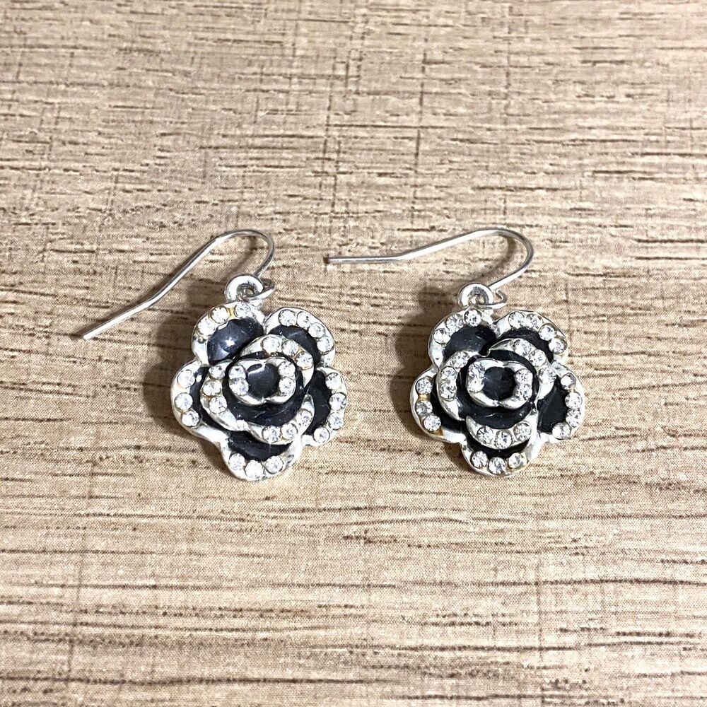 Roman Enamel Rhinestone Flower Earrings Silver Tone Black Dangle Pierced Elegant
